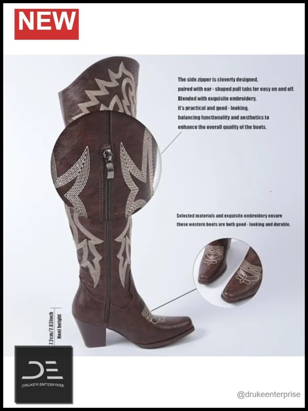 Women's Over-the-Knee Cowboy Boots Square Toe PU Leather Embroidery Zipper